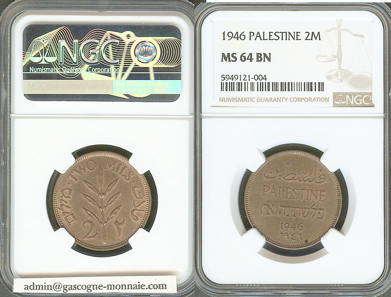 Palestine 2 mils 1946 NGC MS64